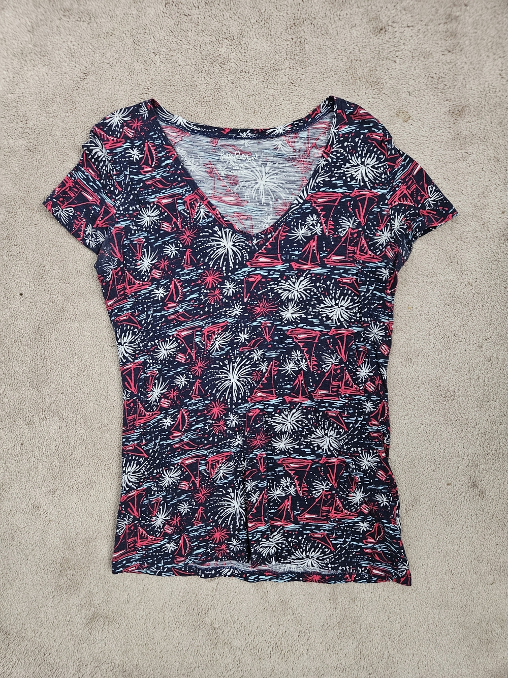 Lilly Pulitzer Navy V-Neck Tee with Red and White Sailboat Fireworks Print